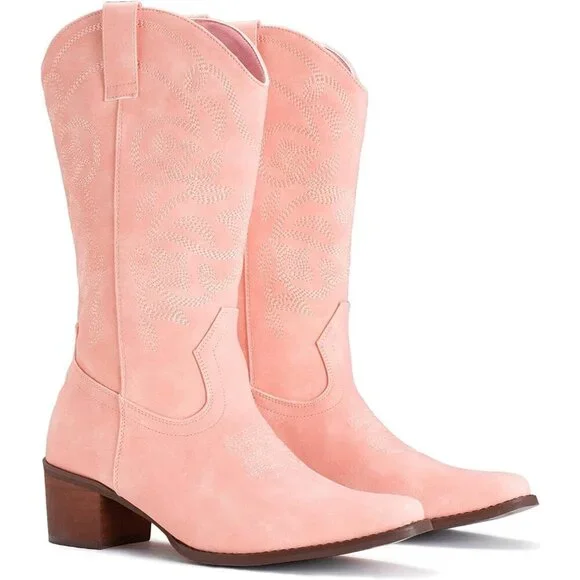 Women's Pink Pointy Toe Faux Leather Western Cowgirl Mid Calf Boots - Picture 7 of 7